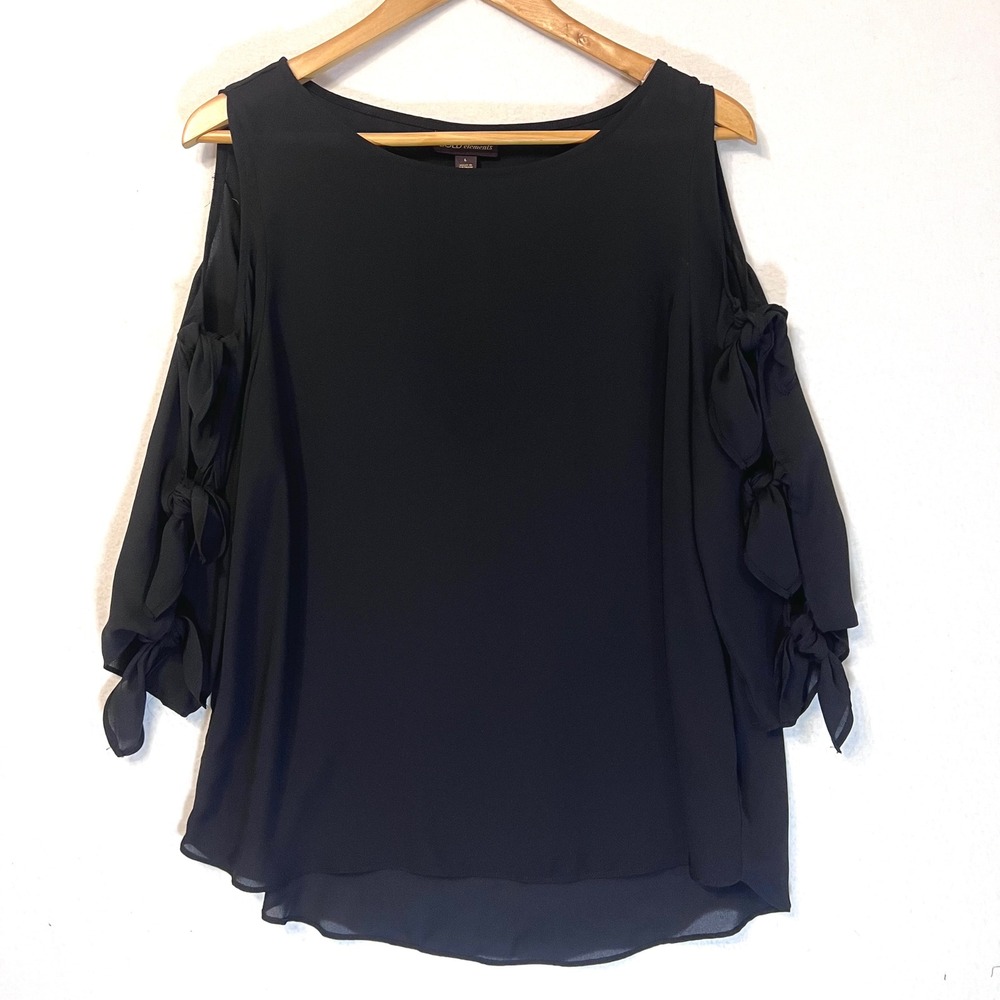 Bold Elements WMN Black Cold Shoulder Blouse Open Tie Sleeve Sheer Airy Top Lg